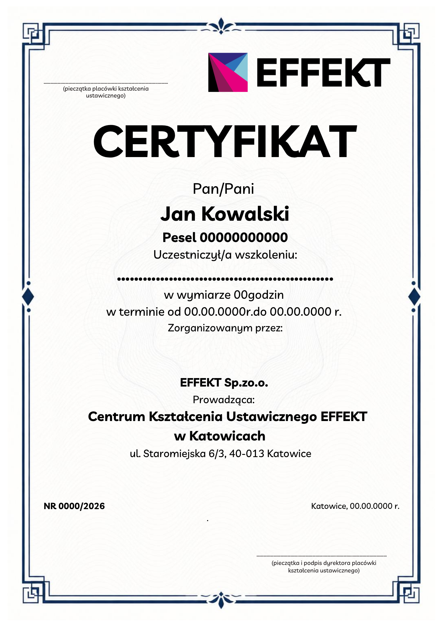 Wzór imiennego Certyfikatu EFFEKT